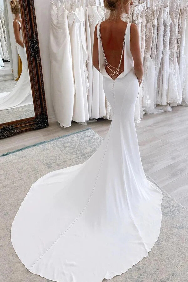 Charming Satin Mermaid V Neck Modest Wedding Dresses, PW470 | Promnova US14 / As Picture Charming Satin Mermaid V Neck Modest Wedding Dresses, PW470 | Promnova US14 / As Picture