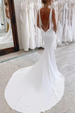 Charming Satin Mermaid V Neck Modest Wedding Dresses With Beading, PW466 | simple wedding dress | backless wedding dress | sexy wedding dress | promnova.com