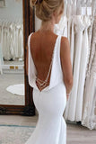 Charming Satin Mermaid V Neck Modest Wedding Dresses With Beading, PW466 | bohemian wedding dress | new arrival wedding dress | bridal gown | promnova.com