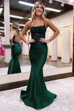 Chic Dark Green Satin Mermaid Scoop Neck Prom Dresses With Appliques, PL568 image 1