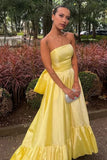 Chic Yellow Satin A Line Strapless Long Prom Dresses With Bow, Party Dresses, PL780 | prom dress yellow | simple prom dresses | evening gown | promnova.com