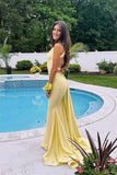 Chic Yellow Satin Mermaid V Neck Long Prom Dresses With Sweep Train, PL781 | cheap long prom dresses online | sexy prom dresses | prom dress shops near me | promnova.com
