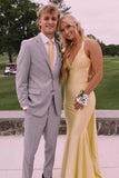 Chic Yellow Satin Mermaid V Neck Long Prom Dresses With Sweep Train, PL781 | new arrival prom dress | party dress | senior prom dress | promnova.com