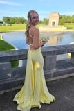 Chic Yellow Satin Mermaid V Neck Long Prom Dresses With Sweep Train, PL781 | simple prom dress | prom dresses near me | long formal dress | promnova.com