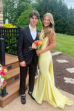 Chic Yellow Satin Mermaid V Neck Long Prom Dresses With Sweep Train, PL781 | cheap prom dresses | prom dress yellow | mermaid prom dress | promnova.com