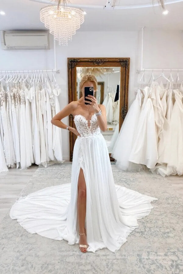 Chiffon A Line Sweetheart Strapless Lace Appliques Wedding Dresses, PW515 Chiffon A Line Sweetheart Strapless Lace Appliques Wedding Dresses, PW515