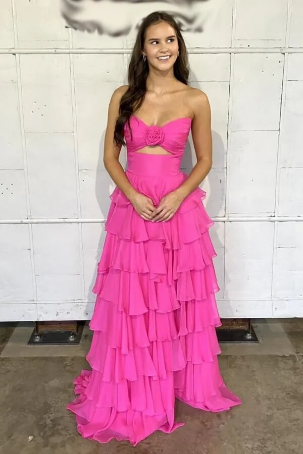 Chiffon A Line Strapless Ruffled Long Prom Dresses, PL676