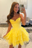 Chiffon A Line Tiered Sweetheart Strapless Short Homecoming Dresses, PH473 | yellow homecoming dresses | short prom dress | new arrival homecoming dress | promnova.com
