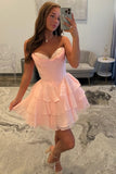 Chiffon A Line Tiered Sweetheart Strapless Short Homecoming Dresses, PH473 | pink homecoming dresses | where to buy homecoming dresses | school event dresses | promnova.com