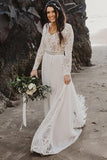Chiffon A Line V Neck Backless Long Sleeves Lace Beach Wedding Dresses, PW365