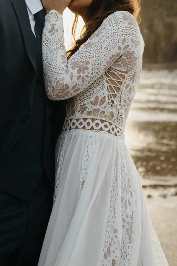 Chiffon A Line V Neck Backless Long Sleeves Lace Beach Wedding Dresses, PW365 | chiffon wedding dress | cheap lace wedding dresses | bridal style | promnova.com