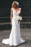 Chiffon A Line V Neck Beach Wedding Dresses With Ruffles, Bridal Gowns, PW354