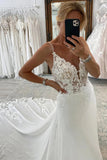 Chiffon A Line V Neck Spaghetti Straps Wedding Dress With Lace Appliques, PW374 image 2