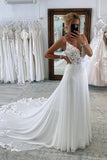 Chiffon A Line V Neck Spaghetti Straps Wedding Dress With Lace Appliques, PW374