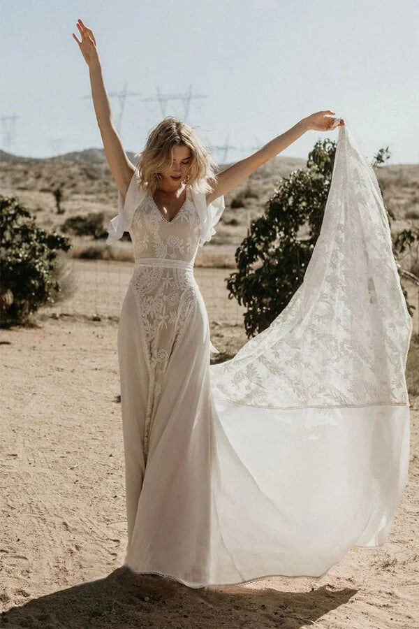 Chiffon Lace V Neck Short Sleeve Wedding Dresses, PW506 | Promnova Chiffon Lace V Neck Short Sleeve Wedding Dresses, PW506 | Promnova