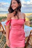 Coral Satin A Line Off-the-Shoulder Short Party Dresses, Homecoming Dresses, PH474 image 1