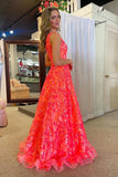 Coral Sequins Lace A Line One Shoulder Prom Dresses, Long Prom Dress, PL712 | new arrival prom dress | long formal dress | prom dress shops | promnova.com