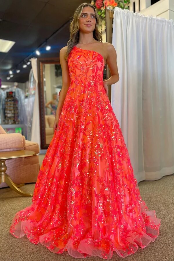 Coral Sequins Lace A Line One Shoulder Prom Dresses, PL712 | Promnova US14 / Custom Color Coral Sequins Lace A Line One Shoulder Prom Dresses, PL712 | Promnova US14 / Custom Color