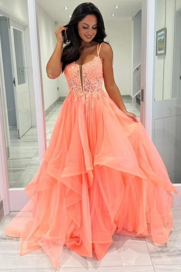 orange coral prom dresses Tulle A Line Spaghetti Straps Long Dress, PL771 becoming a captivating detail Color:Warm Red MW::BEST-OF Lady Macbeth's Beetle Wing