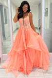 Coral Tulle A Line V Neck Spaghetti Straps Long Prom Dresses, Evening Dress, PL771
