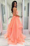 Coral Tulle A Line V Neck Spaghetti Straps Long Prom Dresses, Evening Dress, PL771 | sexy prom dress | long formal dress | prom dress shopping near me | promnova.com