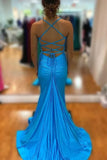 Cute Blue Satin Mermaid V Neck Long Prom Dresses With Slit, Party Dresses, PL773 | backless prom dress | new arrival prom dress | prom dress shopping near me | promnova.com