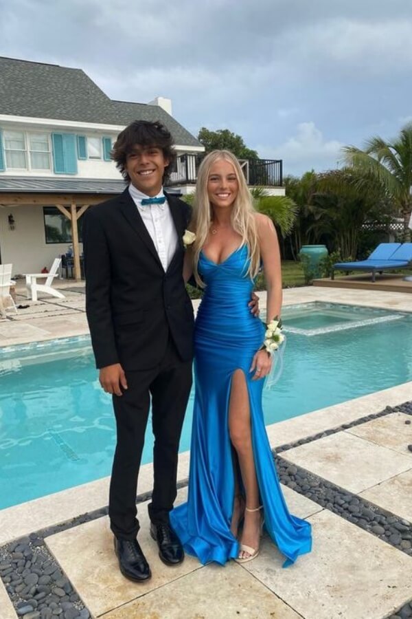 Cute Blue Satin Mermaid V Neck Prom Dress With Slit, PL773 | Promnova US2 / As Picture Cute Blue Satin Mermaid V Neck Prom Dress With Slit, PL773 | Promnova US2 / As Picture