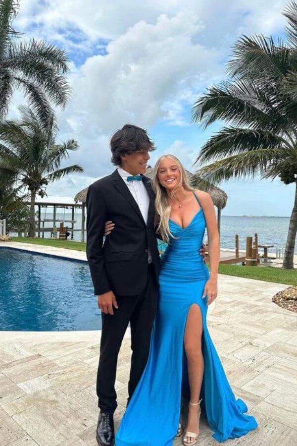 Cute Blue Satin Mermaid V Neck Prom Dress With Slit, PL773