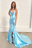 Cute Satin Sheath V Neck Lace Up Back Prom Dresses With Train, PL704