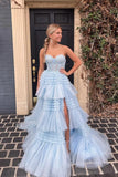 Cute Tulle Light Blue Tiered A Line Sweetheart Long Prom Dress, Party Dress, PL764