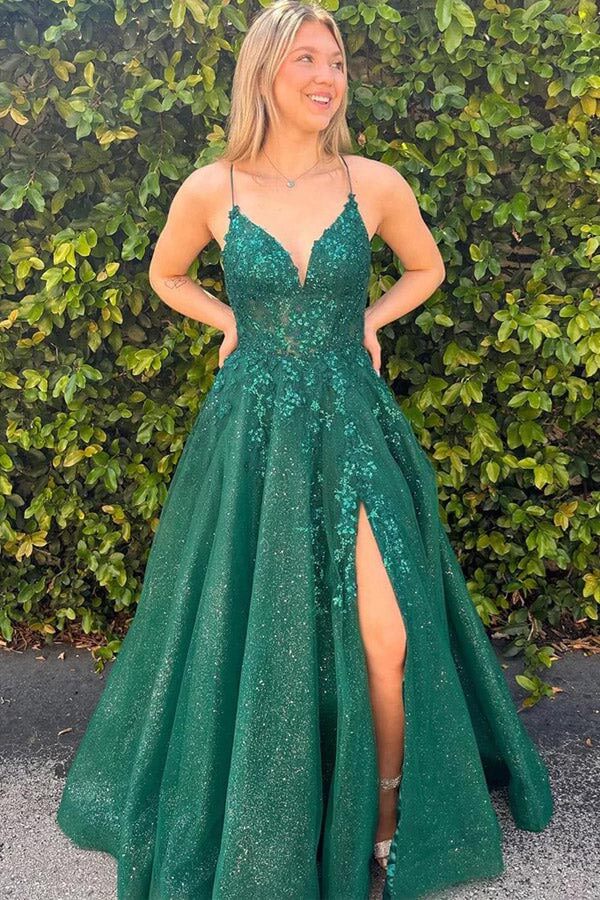 A-line V-neck Lace Appliques Dark Green Long Prom Dress PSK634 US6 / Dark Green A-line V-neck Lace Appliques Dark Green Long Prom Dress PSK634 US6 / Dark Green