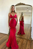Dark Red Satin Mermaid Spaghetti Straps Prom Dresses, Evening Dresses, PL587