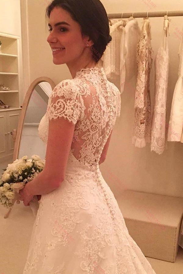 Delicate Scoop Short Sleeves Long Lace Wedding Dress Illusion Back US0 / As Picture