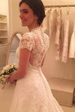 Delicate Short Sleeves Scoop Long Lace Wedding Dress With Illusion Back, PW174