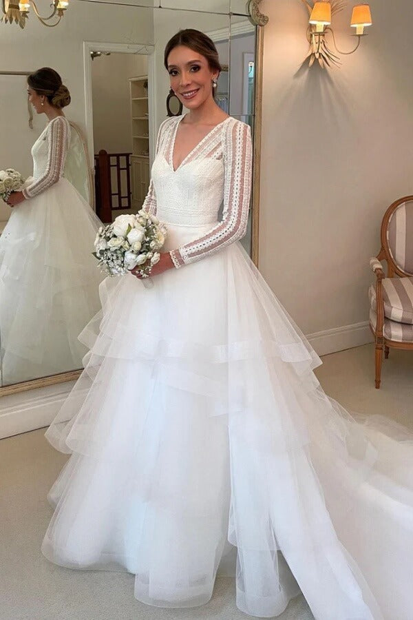 Tulle Layered V Neck Long Sleeve Lace Wedding Dress, PW454