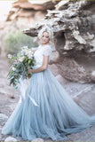 Dusty Blue Tulle Skirt Lace Top Short Sleeves A Line Wedding Dresses, PW409
