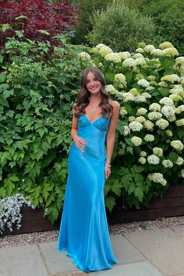 Blue Satin Sheath V Neck Spaghetti Straps Prom Dress, PL724 | Promnova US8 / Custom Color Blue Satin Sheath V Neck Spaghetti Straps Prom Dress, PL724 | Promnova US8 / Custom Color