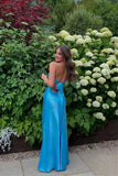 Elegant Blue Satin Sheath V Neck Spaghetti Straps Long Prom Dresses, PL724 | long formal dress | prom dress for girls | prom dress stores | promnova.com