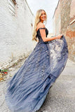 Elegant Tulle A Line Sweetheart Lace Appliques Off Shoulder Prom Dresses, PL578 | grey prom dresses | evening dresses | long formal dress | promnova.com