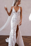Elegant Tulle Mermaid V Neck Lace Appliques Boho Wedding Dresses With Slit, PW522