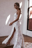 Elegant Tulle Mermaid V Neck Lace Appliques Boho Wedding Dresses With Slit, PW522 image 2