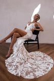 Elegant Tulle Mermaid V Neck Lace Appliques Boho Wedding Dresses With Slit, PW522 image 3