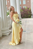 Elegant Yellow Satin Mermaid Strapless Ruffles Lace up Prom Dresses With Slit, PL793 image 1