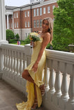 Elegant Yellow Satin Mermaid Strapless Ruffles Lace up Prom Dresses With Slit, PL793 image 2