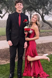 Elegant Yellow Satin Mermaid Strapless Ruffles Lace up Prom Dresses With Slit, PL793 image 4