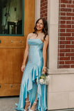Elegant Yellow Satin Mermaid Strapless Ruffles Lace up Prom Dresses With Slit, PL793 image 5