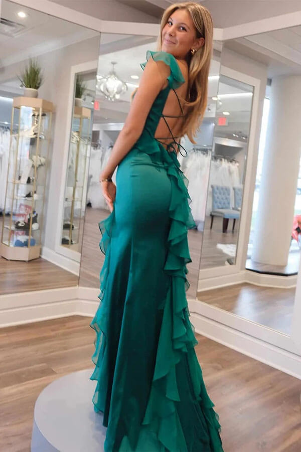 Emerald Green Chiffon Prom Dresses With Ruffles, PL639 | Promnova Emerald Green Chiffon Prom Dresses With Ruffles, PL639 | Promnova