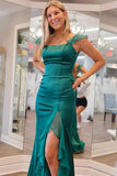 Emerald Green Chiffon Square Neck Prom Dresses With Ruffles, Party Dress, PL639 | cheap prom dress | long formal dress | evening gown | promnova.com