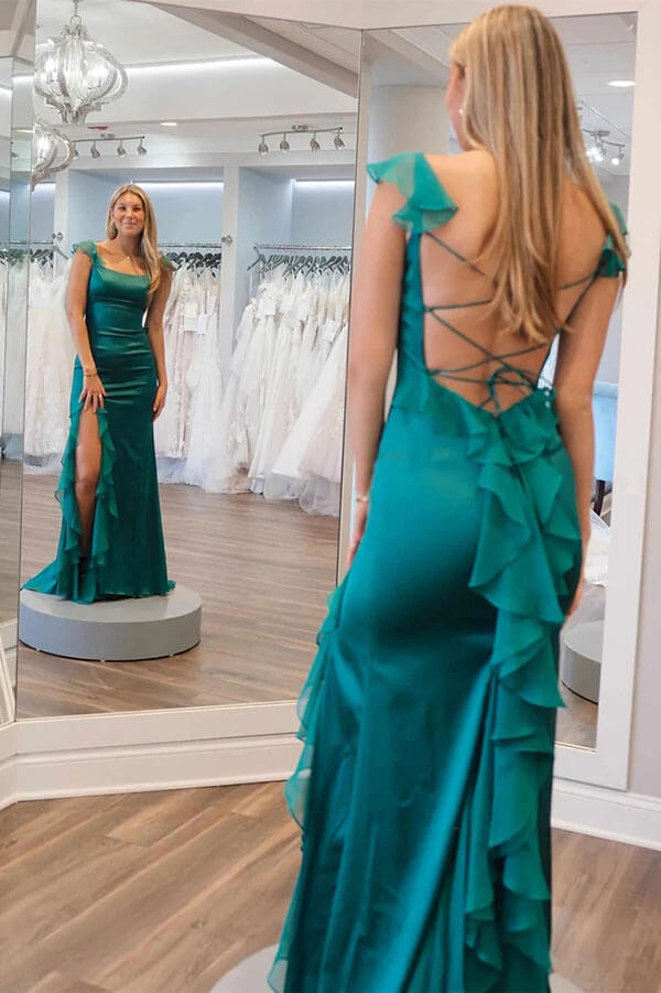 Emerald Green Chiffon Prom Dresses With Ruffles, PL639 | Promnova Emerald Green Chiffon Prom Dresses With Ruffles, PL639 | Promnova