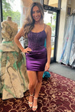 Emerald Green Satin Short Homecoming Dresses With Lace Appliques, PH456 image 4